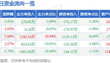 股票行情快报：恒大高新（002591）11月22日主力资金净卖出278.85万元