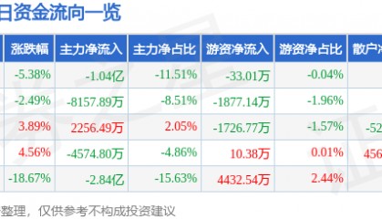 股票行情快报：天源迪科（300047）11月22日主力资金净卖出1.04亿元