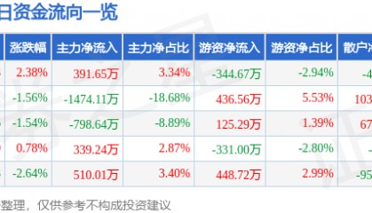 股票行情快报：云南城投（600239）3月6日主力资金净买入391.65万元