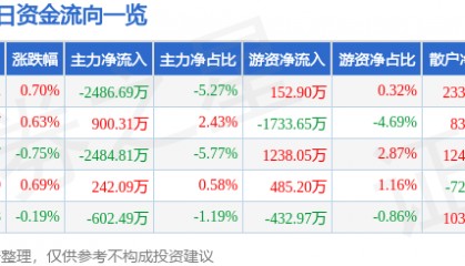 股票行情快报：大华股份（002236）4月30日主力资金净卖出2486.69万元