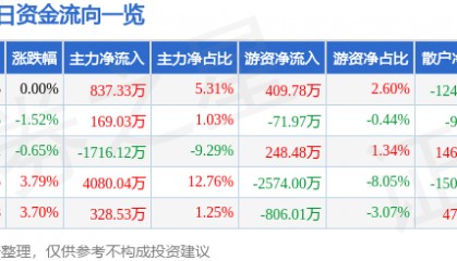 股票行情快报：宝新能源（000690）6月30日主力资金净买入837.33万元
