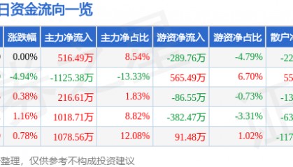 股票行情快报：云南城投（600239）1月23日主力资金净买入516.49万元