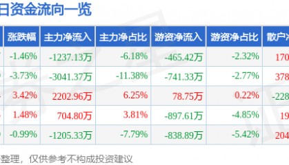 股票行情快报：焦点科技（002315）10月30日主力资金净卖出1237.13万元
