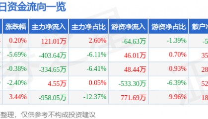 股票行情快报：中能电气（300062）1月13日主力资金净买入121.01万元