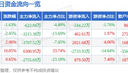 股票行情快报：中材节能（603126）2月14日主力资金净卖出622.04万元