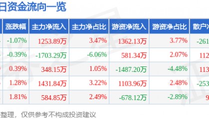 股票行情快报：东方国信（300166）7月30日主力资金净买入1253.89万元