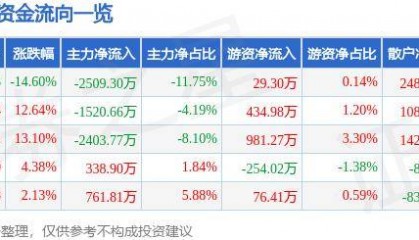 股票行情快报：狄耐克（300884）10月9日主力资金净卖出2509.30万元