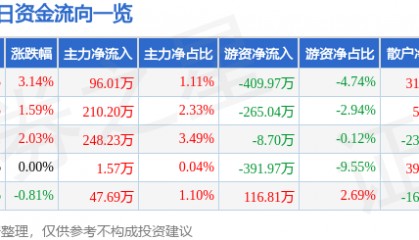 股票行情快报：云南城投（600239）2月10日主力资金净买入96.01万元