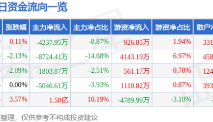股票行情快报：南京证券（601990）12月20日主力资金净卖出4237.95万元