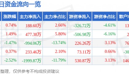 股票行情快报：国新能源（600617）7月1日主力资金净买入188.60万元