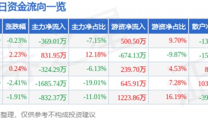 股票行情快报：恒源煤电（600971）1月15日主力资金净卖出369.01万元