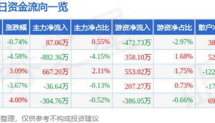 股票行情快报：青岛双星（000599）9月4日主力资金净买入87.06万元