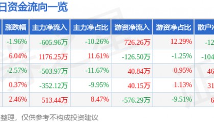 股票行情快报：海螺新材（000619）11月26日主力资金净卖出605.96万元