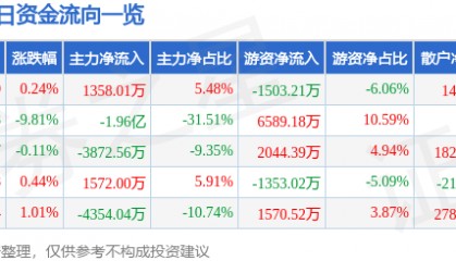 股票行情快报：合肥城建（002208）12月16日主力资金净买入1358.01万元