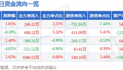 股票行情快报：赞宇科技（002637）8月19日主力资金净买入246.22万元