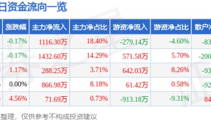 股票行情快报：风神股份（600469）7月25日主力资金净买入1116.30万元