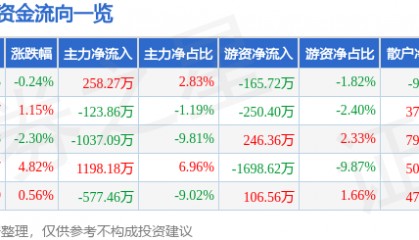 股票行情快报：中科软（603927）4月13日主力资金净买入258.27万元