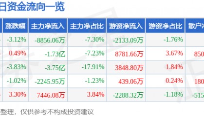 股票行情快报：中鼎股份（000887）9月3日主力资金净卖出8856.06万元