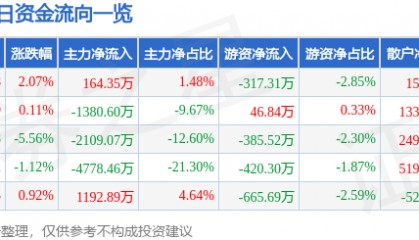 股票行情快报：金安国纪（002636）3月4日主力资金净买入164.35万元