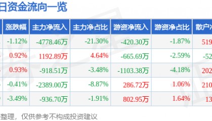 股票行情快报：金安国纪（002636）2月27日主力资金净卖出4778.46万元