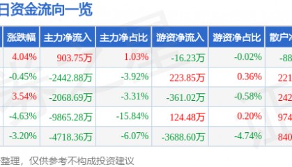 股票行情快报：天源迪科（300047）11月29日主力资金净买入903.75万元