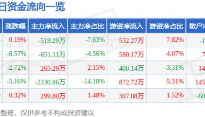 股票行情快报：中能电气（300062）1月6日主力资金净卖出519.29万元