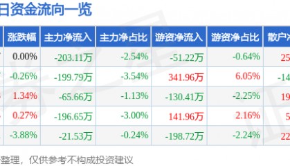 股票行情快报：京威股份（002662）3月6日主力资金净卖出203.11万元