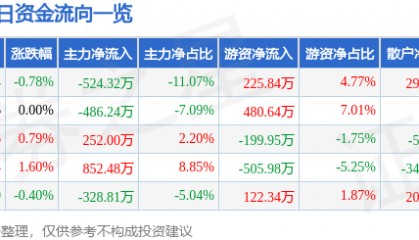 股票行情快报：怡球资源（601388）3月19日主力资金净卖出524.32万元