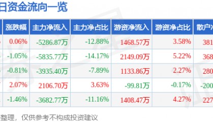 股票行情快报：中鼎股份（000887）7月11日主力资金净卖出5286.87万元