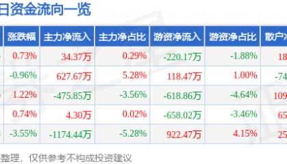 股票行情快报：美锦能源（000723）2月5日主力资金净买入34.37万元