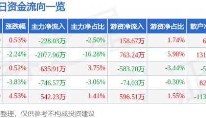 股票行情快报：中能电气（300062）2月25日主力资金净卖出228.03万元