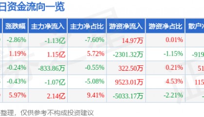 股票行情快报：中鼎股份（000887）9月26日主力资金净卖出1.13亿元