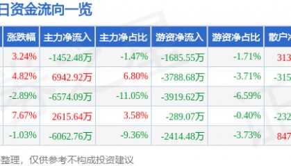 股票行情快报：焦点科技（002315）11月25日主力资金净卖出1452.48万元