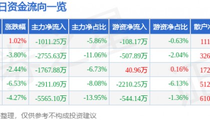 股票行情快报：西安饮食（000721）11月19日主力资金净卖出1011.25万元