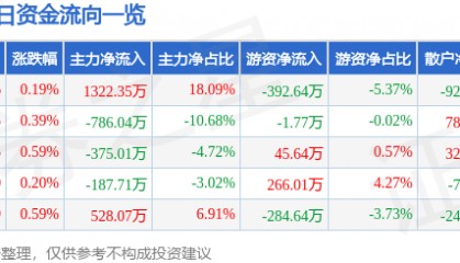 股票行情快报：青岛双星（000599）8月13日主力资金净买入1322.35万元