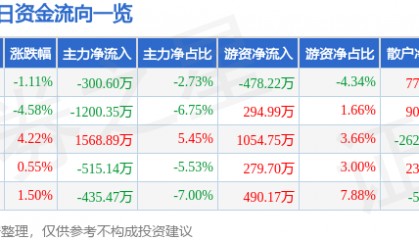 股票行情快报：恒大高新（002591）11月15日主力资金净卖出300.60万元