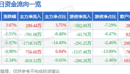 股票行情快报：合肥城建（002208）1月7日主力资金净买入299.44万元
