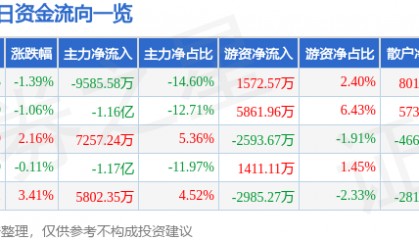 股票行情快报：中鼎股份（000887）8月8日主力资金净卖出9585.58万元
