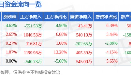 赞宇科技（002637）8月14日主力资金净卖出551.53万元