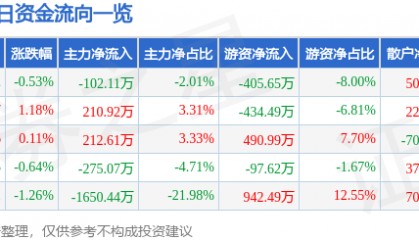 股票行情快报：恒源煤电（600971）12月26日主力资金净卖出102.11万元