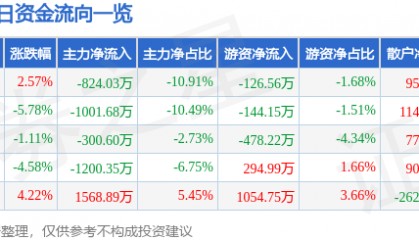 股票行情快报：恒大高新（002591）11月19日主力资金净卖出824.03万元