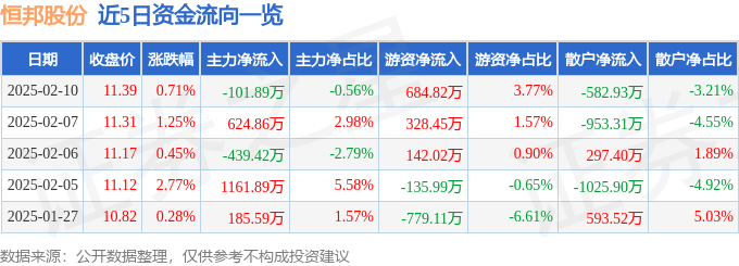 股票行情快报:恒邦股份(002237)2月10日主力资金净卖出101.89万元