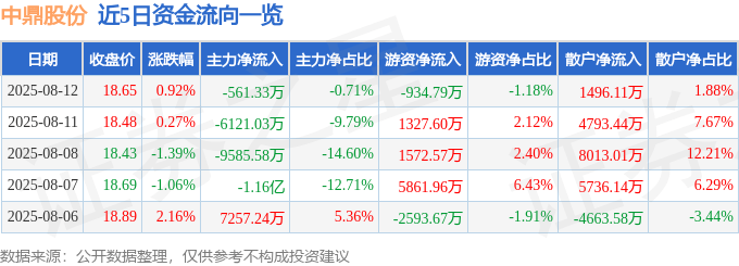 股票行情快报:中鼎股份(000887)8月12日主力资金净卖出561.33万元