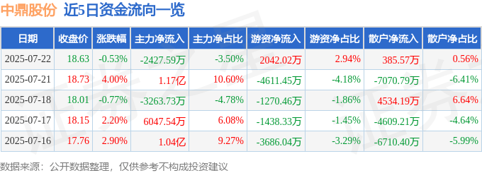 股票行情快报:中鼎股份(000887)7月22日主力资金净卖出2427.59万元