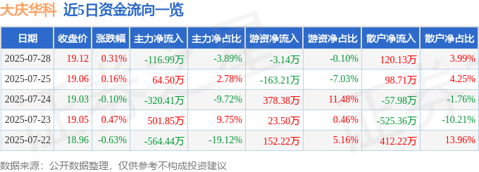 股票行情快报:大庆华科(000985)7月28日主力资金净卖出116.99万元