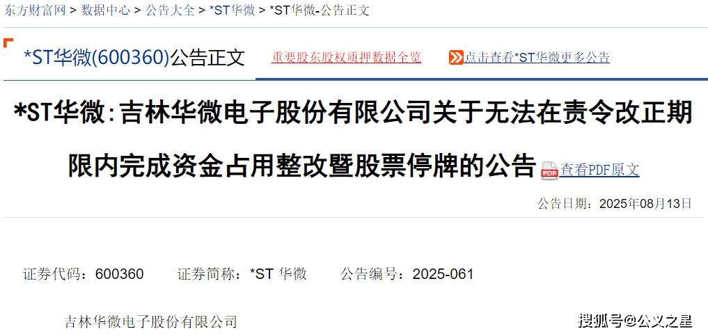 华微电子(600360)未在6个月内清收被占用资金,股票停牌