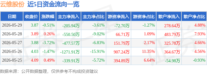 股票行情快报：云维股份（600725）5月29日主力资金净卖出205.94万元